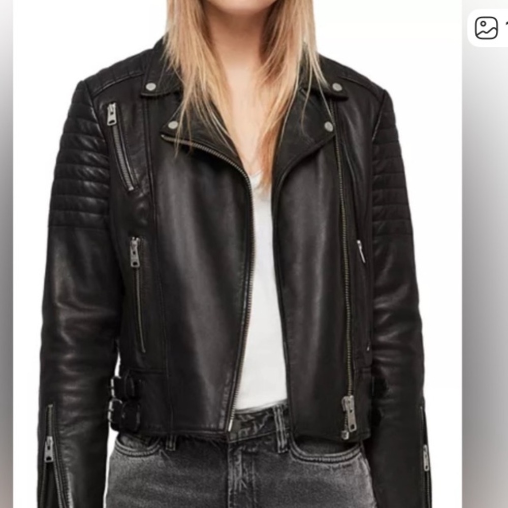 All Saints Black Quilted-Sleeve Leather Biker Jacket